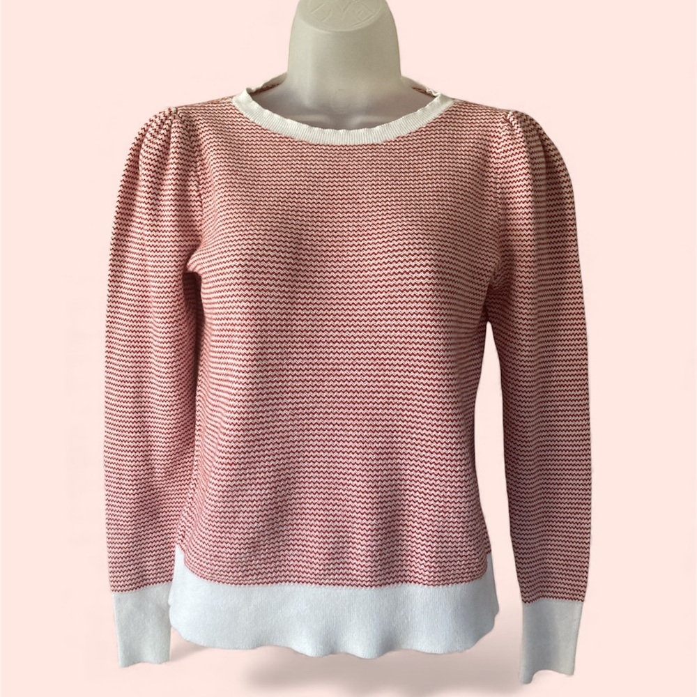 Loft XS red and white striped puf sleeve long knit top EUC